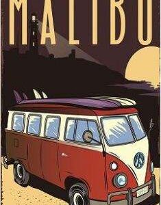 Plaque métal déco Surf, beach, combi camper, MALIBU CAMPER